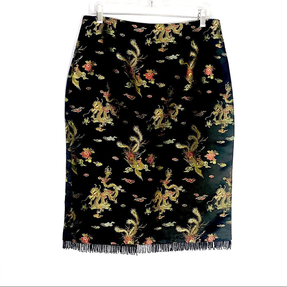 Like new KAREN KANE Asian embroidered midi skirt with beaded hem.